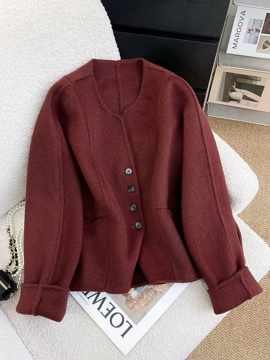 Red double-sided woolen woolen coat for women short style 2024 autumn and winter high-end unique and super good-looking woolen coat