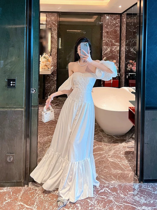 BETTER LS Super Fairy Style Square Neck Puff Sleeve Resort Style Long Dress Gentle Style White Dress for Women Summer