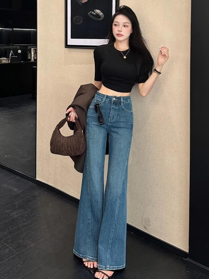 Qiaozhan blue design sense fashionable temperament flared jeans for women autumn and winter hot style high waist slim loose flared pants