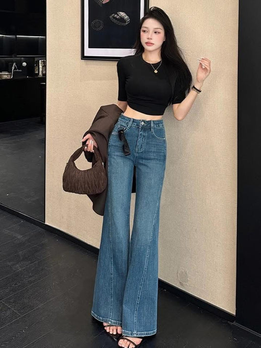 Qiaozhan blue design sense fashionable temperament flared jeans for women autumn and winter hot style high waist slim loose flared pants