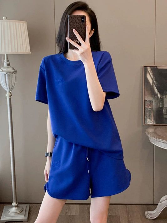 Salty street casual sports suit for women 2025 summer loose slim blue short-sleeved T-shirt shorts two-piece suit