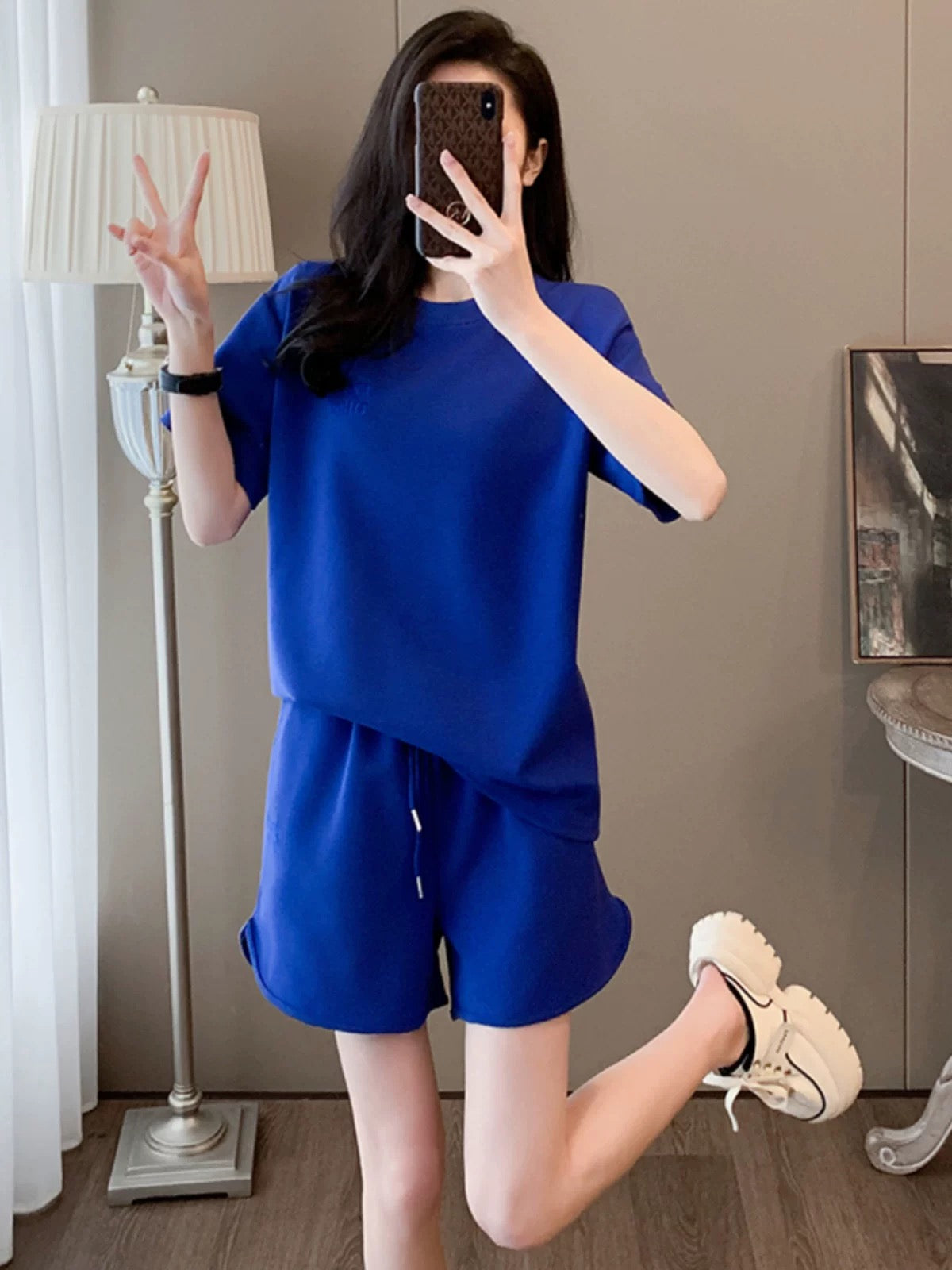 Salty street casual sports suit for women 2025 summer loose slim blue short-sleeved T-shirt shorts two-piece suit