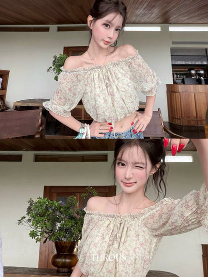 Xieburou Women's Summer Off-Shoulder Chiffon Top – Floral Print, Lettuce-Edge Detail, Vintage-Inspired Casual Cropped Style