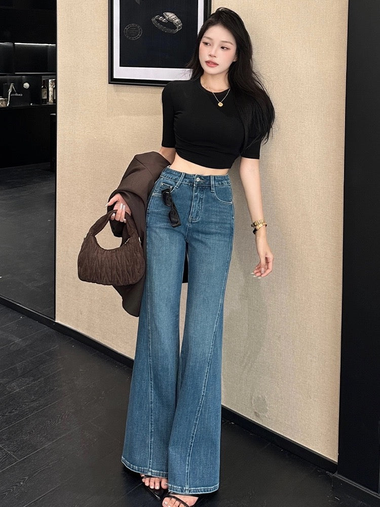 Qiaozhan blue design sense fashionable temperament flared jeans for women autumn and winter hot style high waist slim loose flared pants
