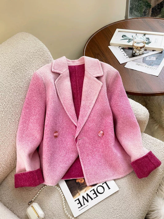Pink small fragrance double-sided woolen woolen coat for women autumn and winter new style high-end and super good-looking short woolen coat
