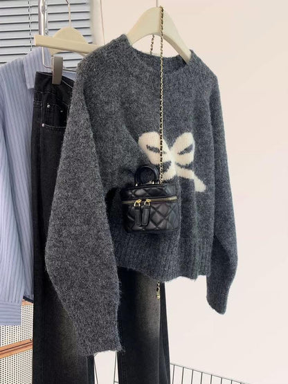 Gray bow raccoon fleece pullover sweater for women autumn and winter new small round neck knitted sweater top winter