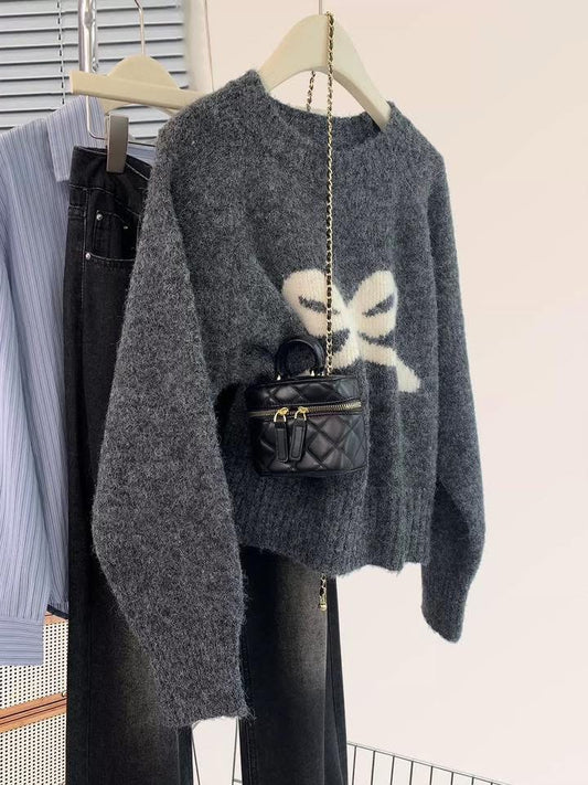 Gray bow raccoon fleece pullover sweater for women autumn and winter new small round neck knitted sweater top winter