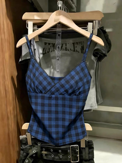 Korean-style blue plaid V-neck sleeveless camisole – a unique and stylish summer top for women (2026 new arrival) suitable for wearing on its own.
