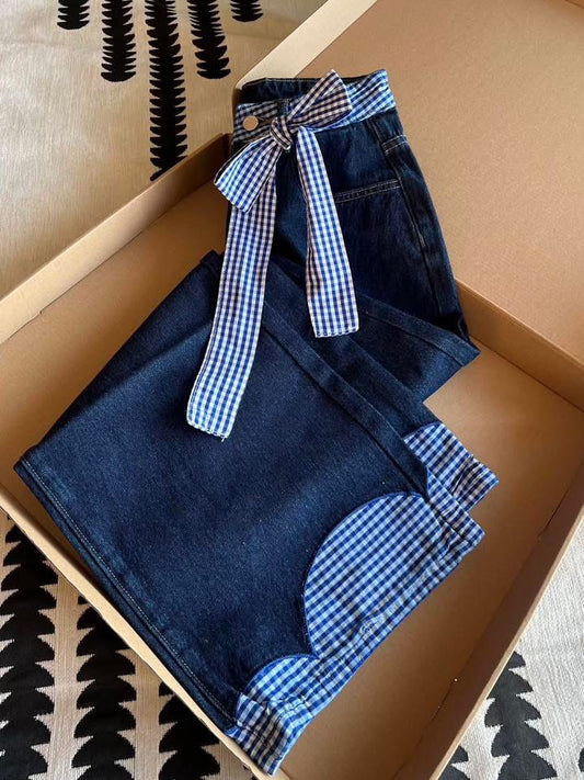 Large size high street stitching bow loose jeans women autumn 2025 new high waist wide leg mopping long pants