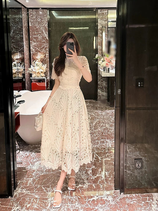 BETTER LS Women's 2024 new summer style palace style French retro hollow lace dress mid-length skirt
