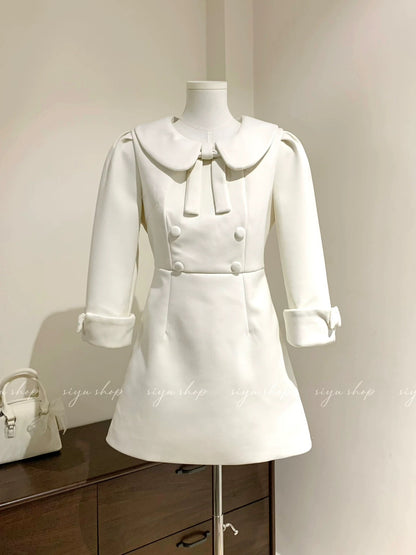 Milk and Fermented Rice Dress with Creamy Peter Pan Collar, Bow Tie, Double-Breasted, Wool Fit, Elegant Autumn/Winter
