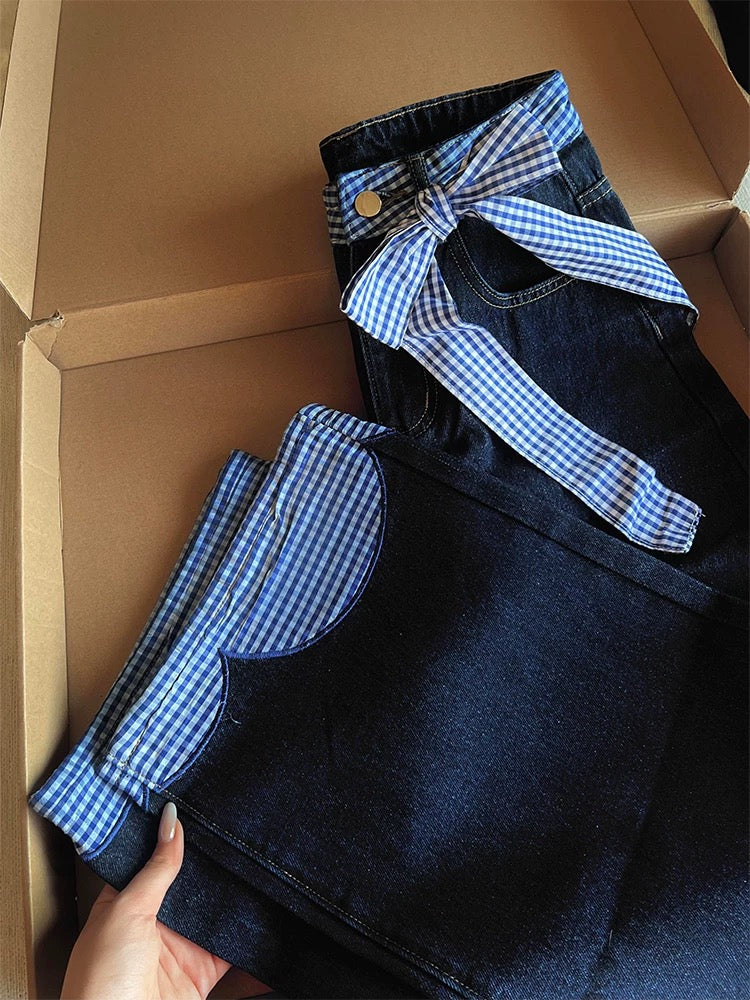 Large size high street stitching bow loose jeans women autumn 2025 new high waist wide leg mopping long pants