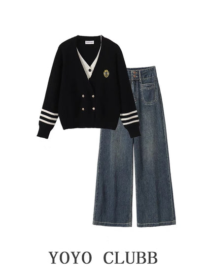 YOYO CLUBB fake two-piece V-neck sweater jacket straight wide-leg jeans autumn new women's suit trendy