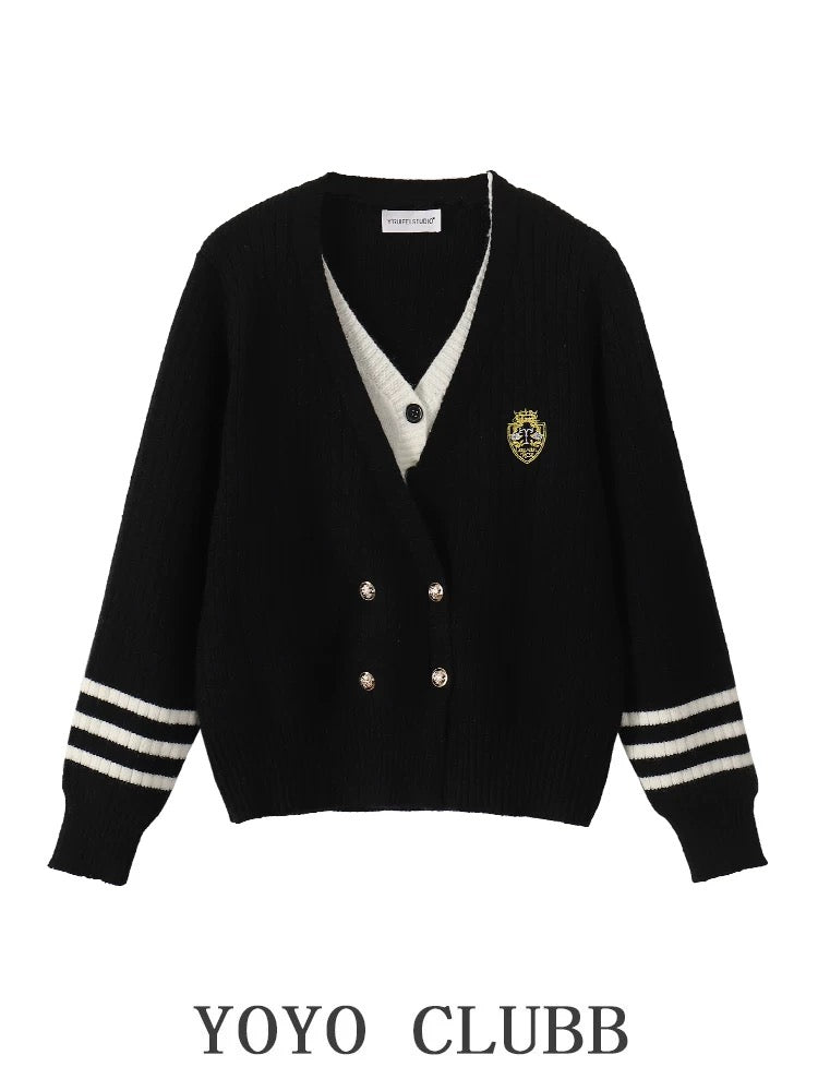 YOYO CLUBB fake two-piece V-neck sweater jacket straight wide-leg jeans autumn new women's suit trendy