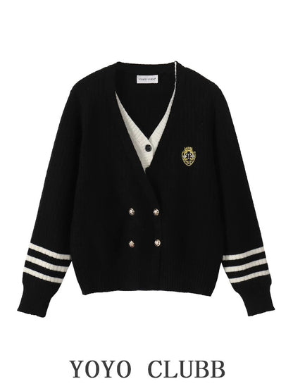 YOYO CLUBB fake two-piece V-neck sweater jacket straight wide-leg jeans autumn new women's suit trendy
