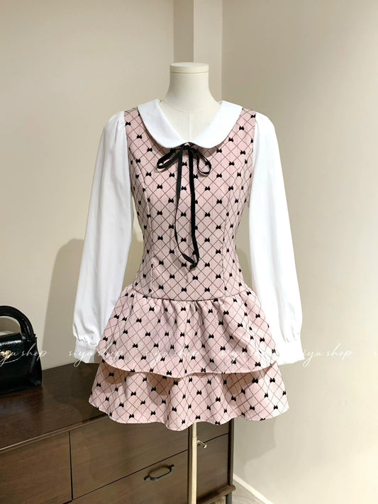 A Gift for Ballet Girls / Sweet Heiress Pink Patchwork Cake Skirt Dress with Slim Waist and Elegant Two-Piece Design