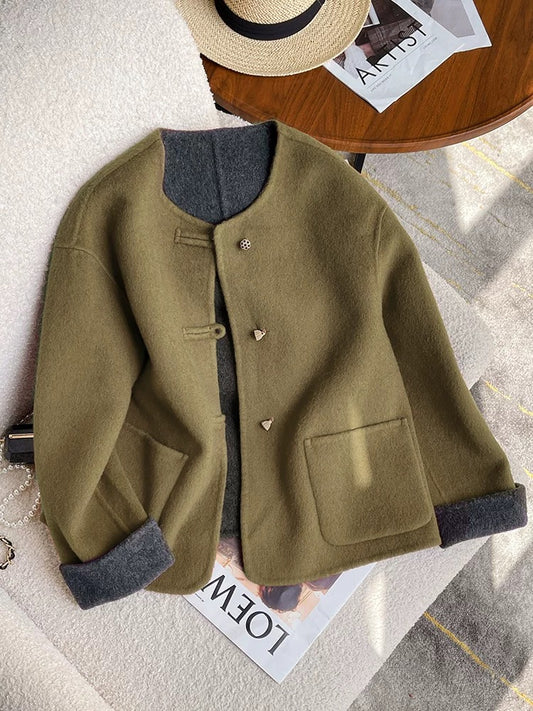 Green new Chinese style double-sided woolen woolen coat for women in autumn and winter, high-end and super good-looking national style short woolen coat