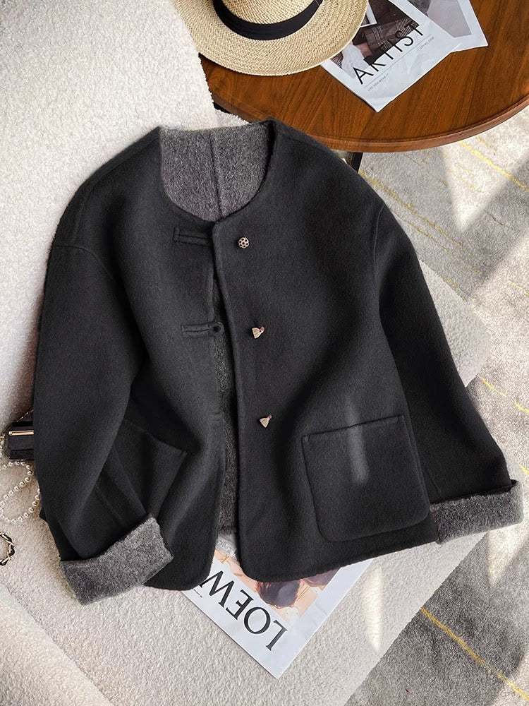 Green new Chinese style double-sided woolen woolen coat for women in autumn and winter, high-end and super good-looking national style short woolen coat