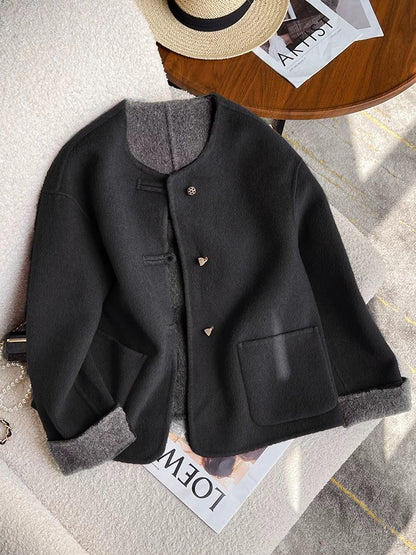 Green new Chinese style double-sided woolen woolen coat for women in autumn and winter, high-end and super good-looking national style short woolen coat