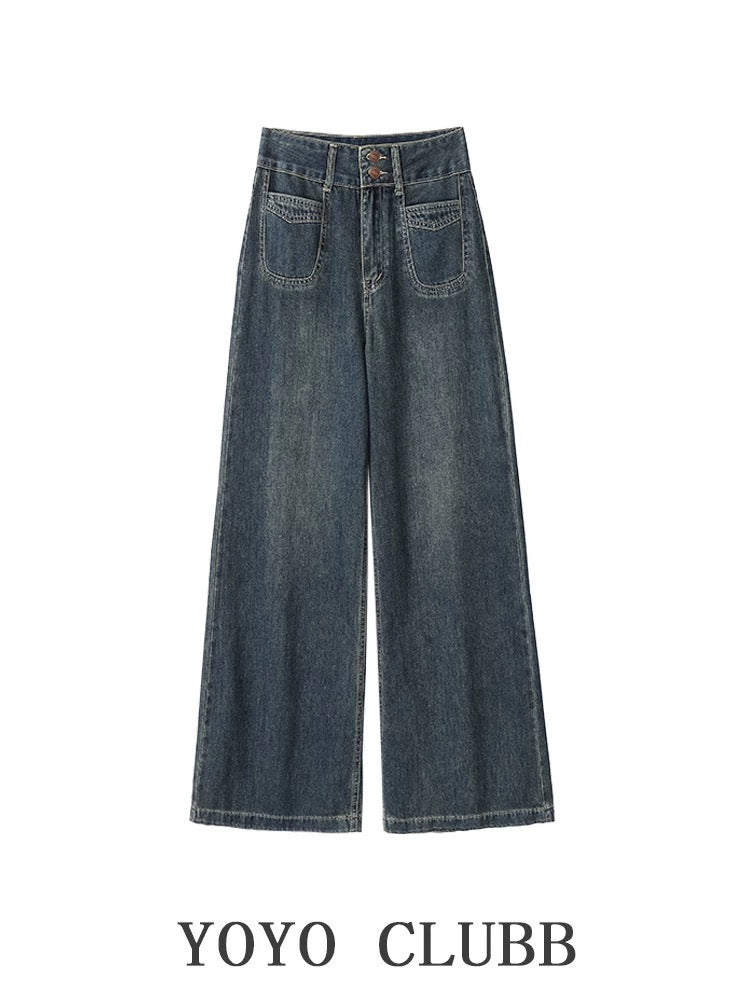 YOYO CLUBB fake two-piece V-neck sweater jacket straight wide-leg jeans autumn new women's suit trendy
