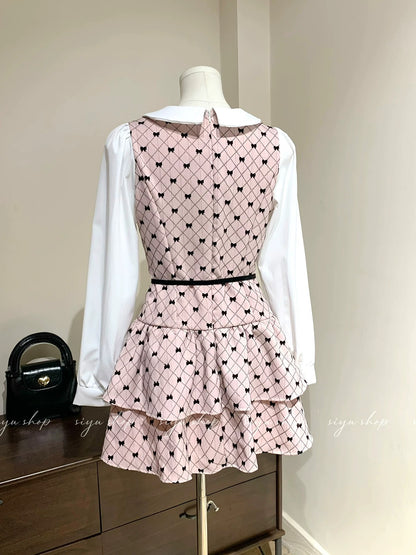 A Gift for Ballet Girls / Sweet Heiress Pink Patchwork Cake Skirt Dress with Slim Waist and Elegant Two-Piece Design
