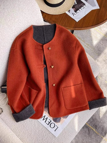 Green new Chinese style double-sided woolen woolen coat for women in autumn and winter, high-end and super good-looking national style short woolen coat