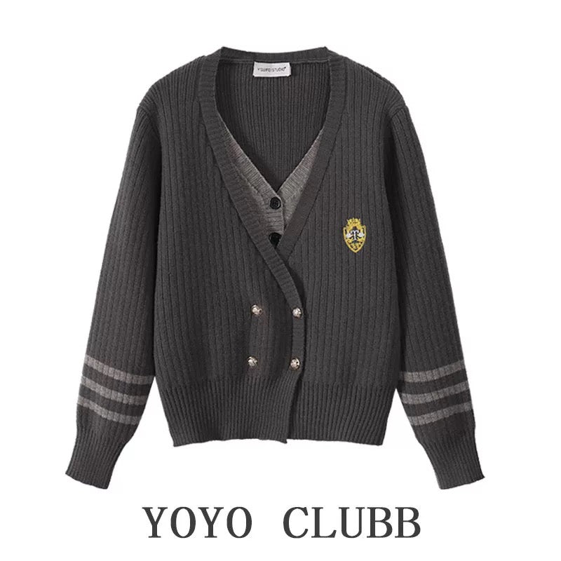 YOYO CLUBB fake two-piece V-neck sweater jacket straight wide-leg jeans autumn new women's suit trendy