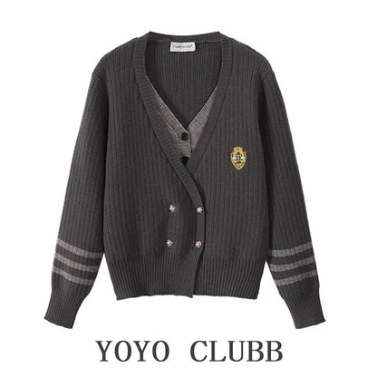YOYO CLUBB fake two-piece V-neck sweater jacket straight wide-leg jeans autumn new women's suit trendy