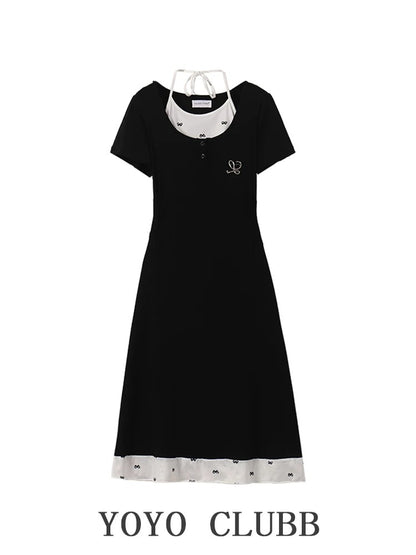 YOYO CLUBB Pure Desire Hot Girl Splicing Fake Two-piece Halter Dress Large Size Summer New Style Waist A-Line Skirt