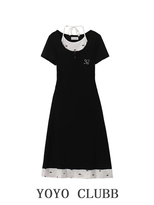YOYO CLUBB Pure Desire Hot Girl Splicing Fake Two-piece Halter Dress Large Size Summer New Style Waist A-Line Skirt