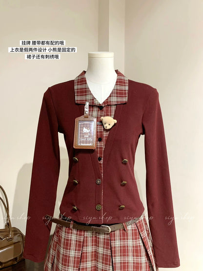 A gorgeous red plaid skirt with a layered design, perfect for a sophisticated, Miu-inspired Christmas outfit this fall/winter.
