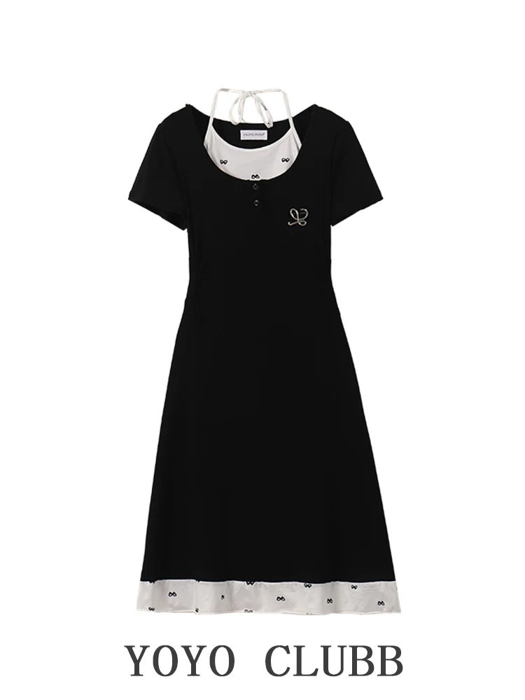 YOYO CLUBB Pure Desire Hot Girl Splicing Fake Two-piece Halter Dress Large Size Summer New Style Waist A-Line Skirt