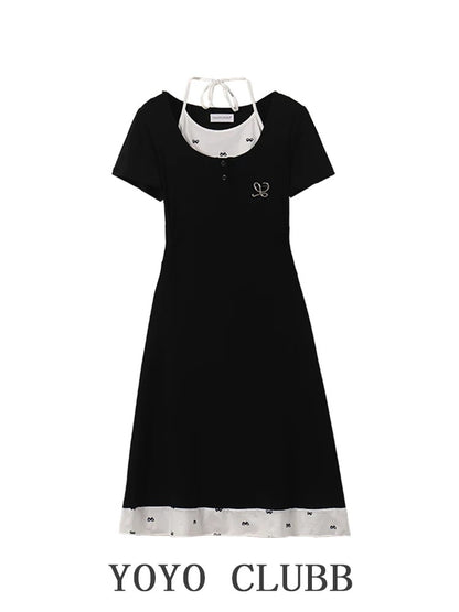 YOYO CLUBB Pure Desire Hot Girl Splicing Fake Two-piece Halter Dress Large Size Summer New Style Waist A-Line Skirt