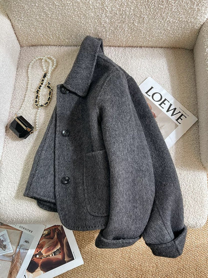 Dark gray double-sided woolen woolen coat for women short 2024 autumn and winter Korean style high-end and super nice woolen coat