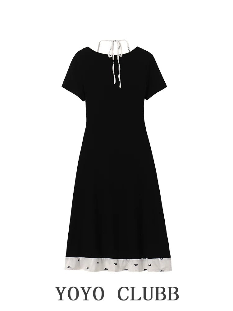 YOYO CLUBB Pure Desire Hot Girl Splicing Fake Two-piece Halter Dress Large Size Summer New Style Waist A-Line Skirt