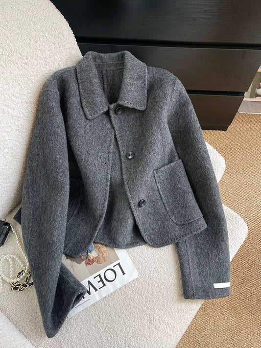 Dark gray double-sided woolen woolen coat for women short 2024 autumn and winter Korean style high-end and super nice woolen coat