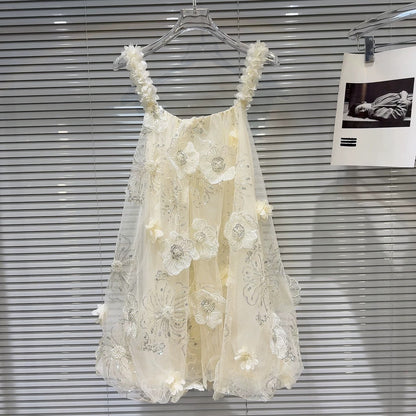 Internet celebrity style 2025 summer new style sweet small fragrance style sequin embroidered flower fluffy mesh outer lining dress