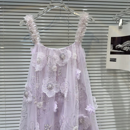 Internet celebrity style 2025 summer new style sweet small fragrance style sequin embroidered flower fluffy mesh outer lining dress