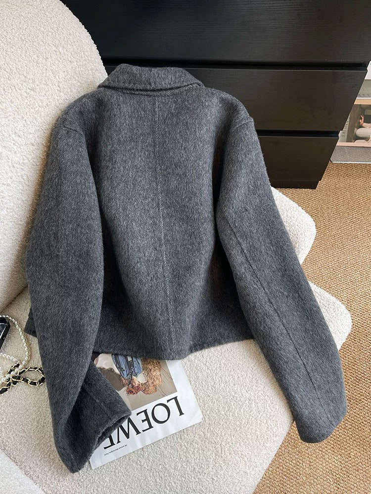 Dark gray double-sided woolen woolen coat for women short 2024 autumn and winter Korean style high-end and super nice woolen coat