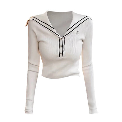 YOYO CLUBB college style navy collar sweater for women 2024 autumn large size French slimming long-sleeved top
