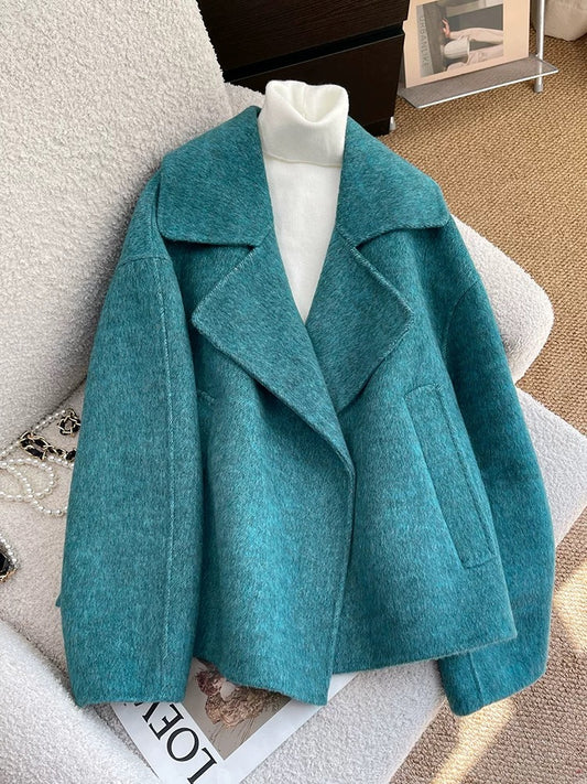 Blue double-sided wool woolen coat for women autumn and winter 2024 new style super good-looking light luxury temperament short woolen coat