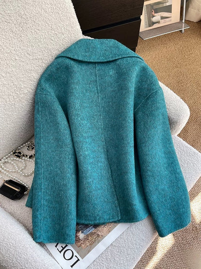 Blue double-sided wool woolen coat for women autumn and winter 2024 new style super good-looking light luxury temperament short woolen coat