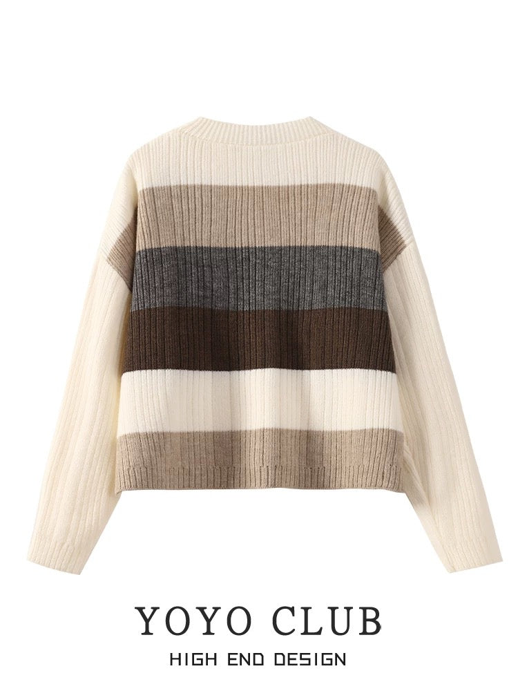 YOYO CLUB large size retro contrast striped sweater lazy style autumn and winter new slim pullover sweater for women