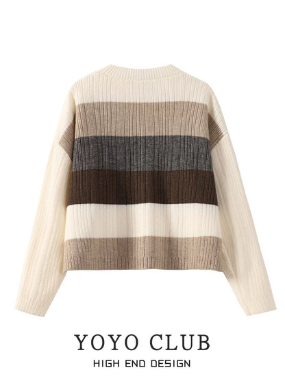 YOYO CLUB large size retro contrast striped sweater lazy style autumn and winter new slim pullover sweater for women