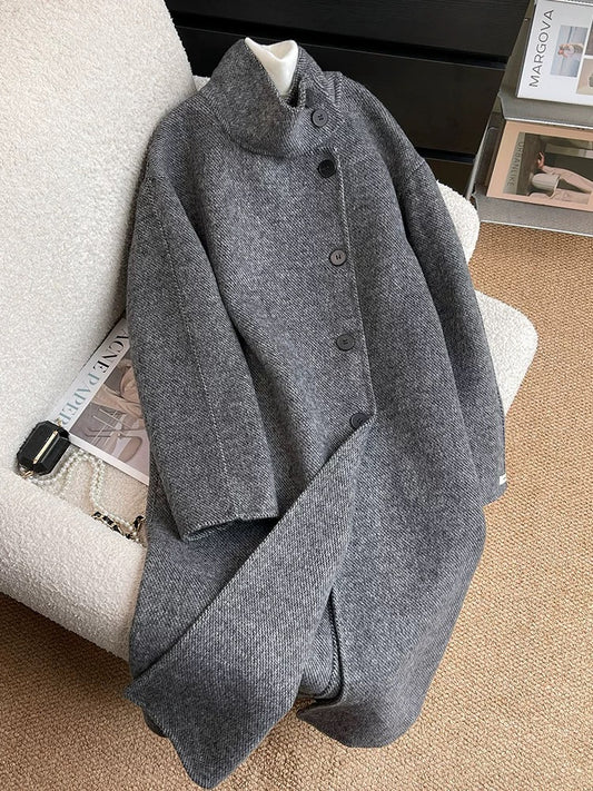Dark gray double-sided woolen woolen coat for women 2024 autumn and winter temperament Korean style Hepburn style mid-length woolen coat