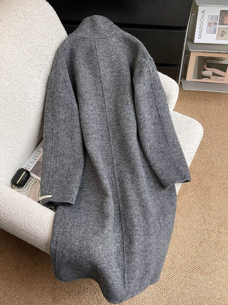 Dark gray double-sided woolen woolen coat for women 2024 autumn and winter temperament Korean style Hepburn style mid-length woolen coat