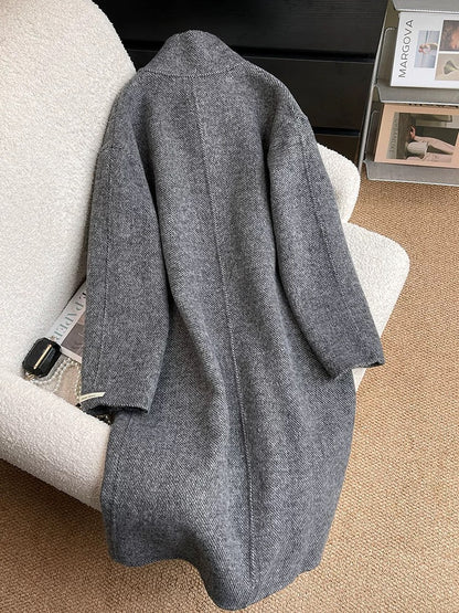 Dark gray double-sided woolen woolen coat for women 2024 autumn and winter temperament Korean style Hepburn style mid-length woolen coat