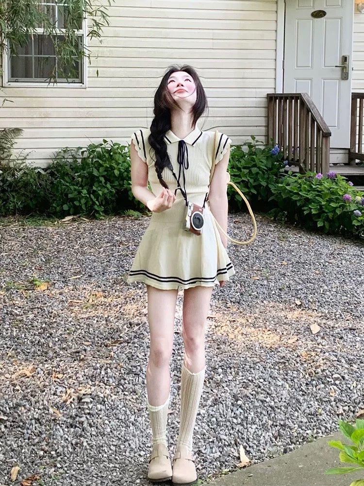 College navy style small flying sleeves knitted lace-up dress for women in summer with small waist and slimming sweet short skirt