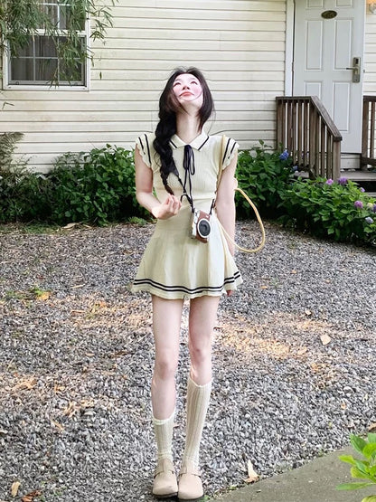 College navy style small flying sleeves knitted lace-up dress for women in summer with small waist and slimming sweet short skirt