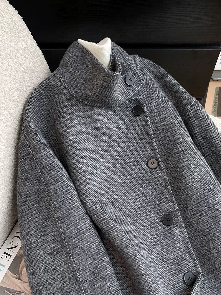Dark gray double-sided woolen woolen coat for women 2024 autumn and winter temperament Korean style Hepburn style mid-length woolen coat